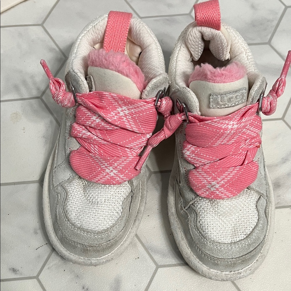 UGG Kids Pink and White High-Top Sneakers with Fuzzy Collar